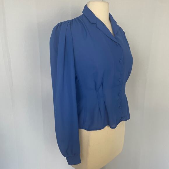 Vintage Blouse Top Size XS Small Royal Blue Puff Sleeve Secretary Retro Twee - Picture 5 of 13